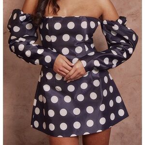 Monochrome Polka Dot Oversized Puff Sleeve A Line Shift Dress